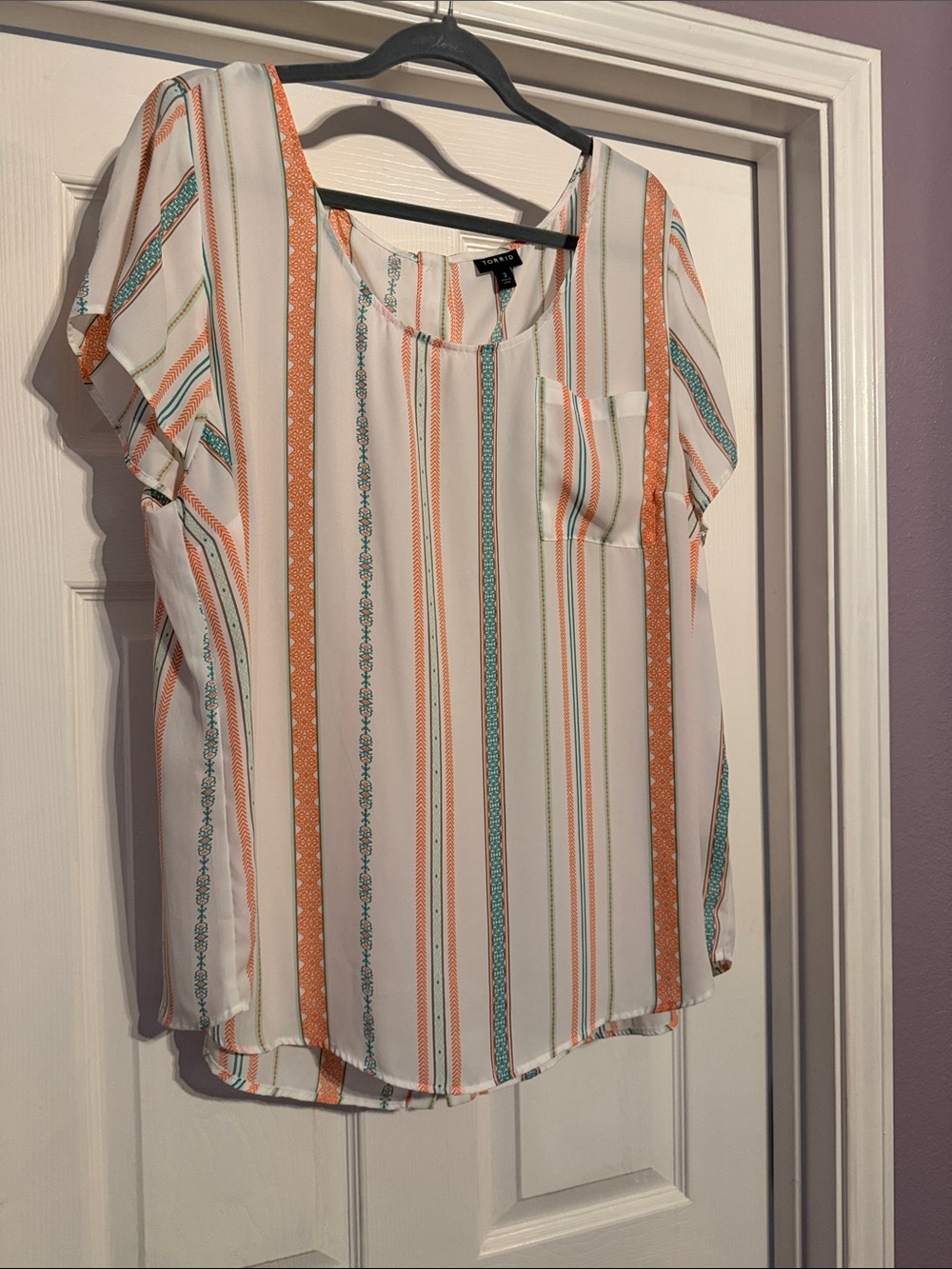 torrid White Scoop-Neck Blouse with Coral & Teal Stripes